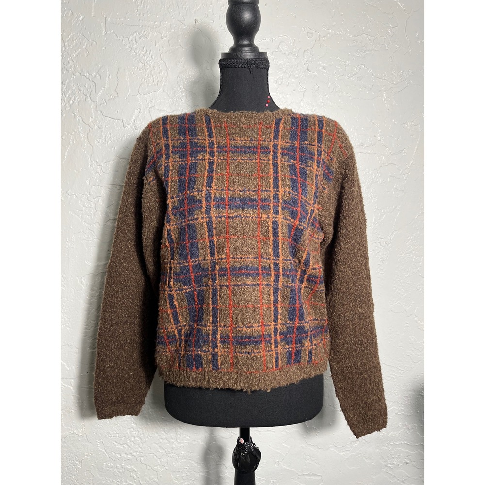 Vintage Dress Barn Brown Plaid Boucle Sweater Size M 90s Academia